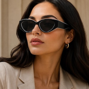 Black White Cat Eye Sunglasses Women – Retro Vintage Y2K Fashion Shades, Trendy Narrow Sunglasses, Statement Eyewear, UV400