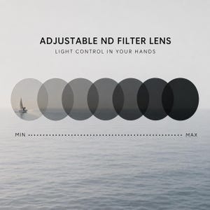 May include: An image of an adjustable ND filter lens with a series of grey circles representing different levels of light control. The text reads "ADJUSTABLE ND FILTER LENS" and "LIGHT CONTROL IN YOUR HANDS". A sailboat is visible in the background.