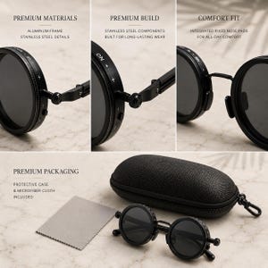 May include: Black round sunglasses with a protective case and microfiber cloth. The sunglasses have an aluminium frame and stainless steel details. The image text reads "Premium Materials", "Premium Build", "Comfort Fit", and "Premium Packaging".