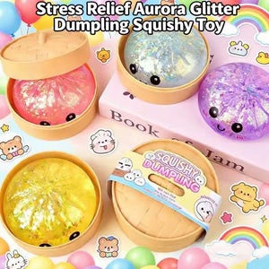 May include: A set of Stress Relief Aurora Glitter Dumpling Squishy Toys in round beige containers. The squishy toys are translucent, filled with glitter, and feature black eyes and mouths. One container has a label reading SQUISHY DUMPLING.