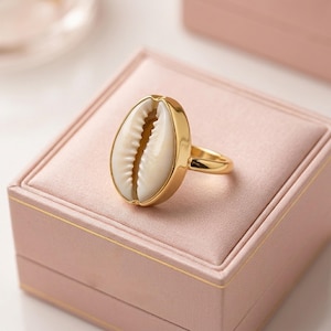 14K Gold Plated Cowrie Shell Ring, Coastal Beach Jewelry, Boho Statement Ring, Adjustable Shell Ring, Ocean Inspired Gift