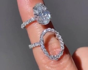 2.5Ct Oval Cut Insert Wedding Ring Set,Eternity Band With Matching Open Halo Ring, Moissanite Diamond Ring Set, Halo Jacket Ring For Women