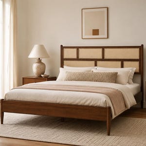 Mid Century Rotting Queen Bed Massivt Trä Valnöt Plattformsäng Moderna Sovrumsmöbler