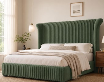 King size-säng med fuskpäls, vingrygg, LED-klädd plattformssäng, ljudfri, modern