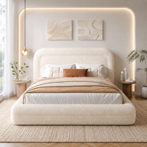 May include: A contemporary bedroom scene with a cream-coloured, upholstered bed with a curved headboard. The bed is dressed with white and tan bedding, including pillows and a throw. Two small wooden bedside tables are beside the bed, in a neutral colour scheme.