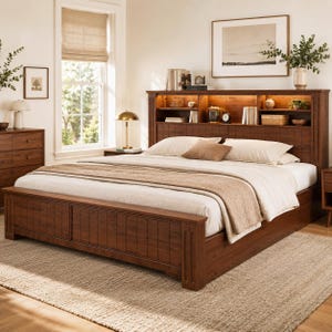 May include: A wooden bed frame with a headboard featuring built-in shelves and lighting. The bed is covered with white bedding and a brown blanket. The room has a neutral colour palette with a rug and a window.