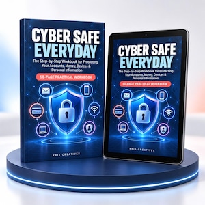 以下が含まれることがあります： Cyber Safe Everydayの表紙を表示した物理的な本とデジタルタブレット。アカウント、金銭、デバイス、個人情報を保護するための50ページのワークブックで、青い盾と南京錠のグラフィックが描かれています。