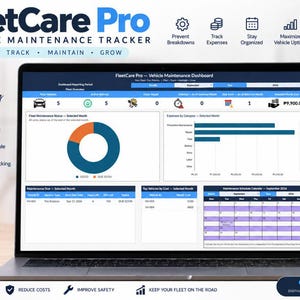 Könnte beinhalten: Ein Laptop mit der Google Sheets-Vorlage FleetCare Pro Vehicle Maintenance Tracker. Der Bildschirm zeigt ein Dashboard mit einem Ringdiagramm, einem Balkendiagramm und einem Kalender. Der Text umfasst FleetCare Pro und mehr.