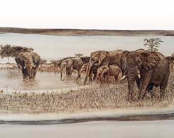 Elephant Pyrography Live edge wood Wall decor African Savanna Art Wall Hanging Rustic Wood burned artwork house gift wildlife wooden sign