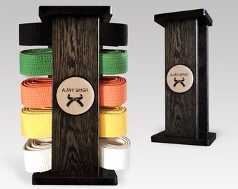 Martial Art Belt Display - Oak Karate Belt Holder Organizer Stand Belt Rack Jiu jitsu Personalized Wood Taekwondo BJJ Jiu-Jitsu