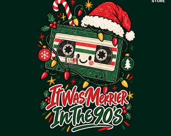 Retro 90s Christmas PNG, Merrier In The 90s Png, Cassette Camera Holiday Design, Vintage Christmas Nostalgia (Digital Download)