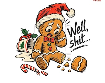 Nou ja, een kapotte peperkoek PNG, grappige gebroken koek, peperkoekmannetje PNG, retro kerst sublimatie digitale download