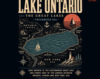 Lake Ontario PNG, Vintage Great Lakes Map Design, Ontario Canada New York Lake Graphic, Lake Ontario Digital Download