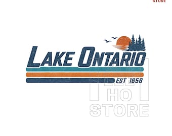 Lake Ontario PNG, Retro Great Lakes Design, Ontario Canada Lake Life Graphic, Vintage Sunset Pine Trees, Est 1656 Digital Download