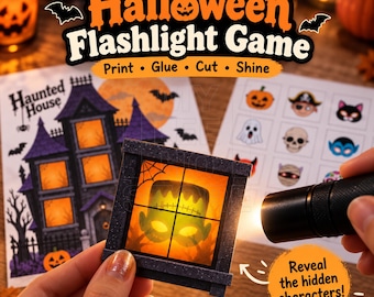 Halloween Flashlight Game Printable, Haunted House Kids Activity, 3 Page PDF, Print Cut Play Activity, Halloween Party Classroom Game