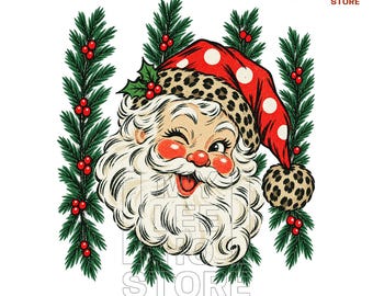Kerstman PNG, Retro Kerstmanmuts met stippen en luipaardprint, Kerstboom PNG, Trendy Kerstkrans PNG, Verweerde Kerst Digitale Download