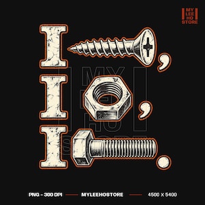 May include: A graphic design on a black background featuring three vertical capital letter I's in a distressed cream color. Next to the letters are a screw, a hexagonal nut, and a bolt in a detailed, etched style with orange outlines and punctuation.