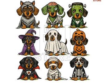 Halloween Dachshund PNG, Trick or Treat Weenies Png, Witch Mummy Vampire Wiener Dog Png, Spooky Doxie Clipart, Dog Costume Sublimation PNG