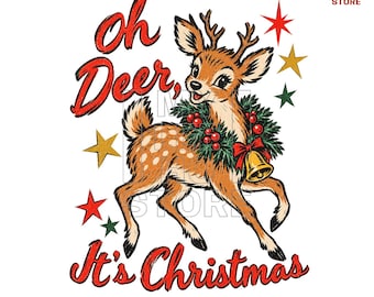 Oh Deer It's Christmas PNG, Retro hert met krans en bel, vintage-geïnspireerde sublimatie-illustratie, digitale download