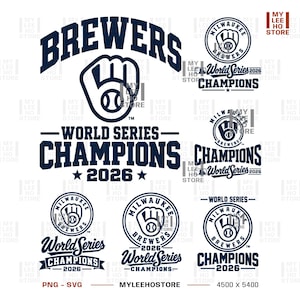 Peut inclure: Une collection de motifs graphiques bleu foncé présentant le logo de baseball des Milwaukee Brewers, une icône de gant et de balle, et le texte World Series Champions 2026. Les motifs incluent diverses dispositions du nom de l'équipe.