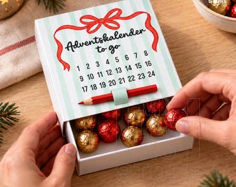 Printbare adventskalender voor onderweg, doe-het-zelf kerstcadeauverpakking voor collega's, vrienden en familie, pennenhouder, Engelse versie
