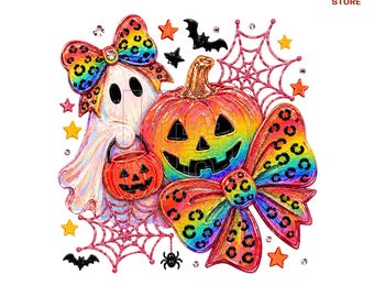 Neon Halloween PNG, Preppy Ghost Coquette Png, Coquette Ghost Bow Png, Cute Rainbow Pumpkin Png, Girly Fall (Digital Download)