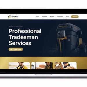 May include: A laptop screen showing a website for professional tradesman services. The website has the text "Professional Tradesman Services" and an image of a vacuum. The laptop is set against a white backdrop.