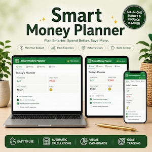 May include: A laptop, tablet, and smartphone displaying the Smart Money Planner interface with green and white color schemes. The screens show daily tasks, budget tracking, and financial goals. A gold pen rests on the surface near the devices.