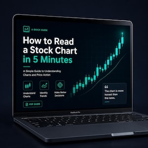 May include: A laptop displaying a digital guide titled How to Read a Stock Chart in 5 Minutes. The screen features a dark background with bright teal text, icons for understanding charts, identifying trends, and making decisions, and a rising candlestick chart.