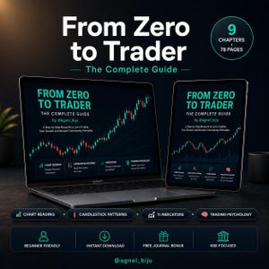 Könnte beinhalten: Ein Laptop und ein Tablet zeigen den digitalen Leitfaden From Zero to Trader, The Complete Guide von @agnel_biju. Der Bildschirm zeigt ein Aktien-Candlestick-Diagramm, 9 Kapitel, 78 Seiten sowie Abschnitte zu Chartanalyse, Candlestick-Mustern, 11 Indikatoren und Trading-Psychologie.