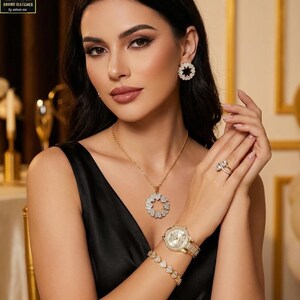 Puede incluir: Una mujer lleva un reloj, una pulsera, un anillo, un collar y pendientes dorados. Las joyas presentan un diseño brillante. El reloj tiene una esfera redonda. El texto "VIP Brand Watches" es visible.