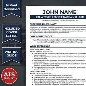 May include: A resume template for a CDL-A Truck Driver, featuring the name "JOHN NAME" at the top. The resume includes sections for professional summary, core competencies, and work experience. The design is clean with a navy blue and white color scheme.