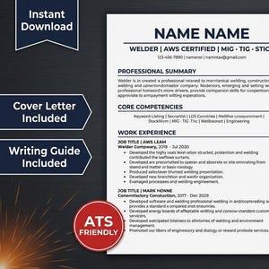 May include: A resume template for a welder, featuring a professional summary, core competencies, and work experience sections. The document includes the text "Instant Download," "Cover Letter Included," and "Writing Guide Included."