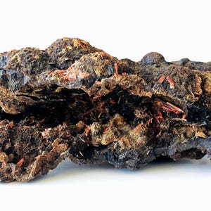 May include: A raw mineral specimen featuring a dark, textured, and porous exterior with a deep central cavity. The interior of the rock is lined with numerous thin, needle-like orange and reddish-brown crystal formations throughout.