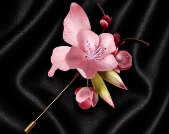 Pink Flower Brooch Handmade Silk Thread Copper Floral Pin Elegant Cherry Blossom Statement Jewelry Gift for Women
