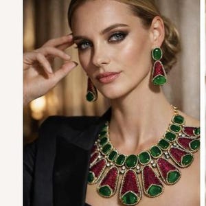 以下が含まれることがあります： エメラルドとルビーの宝石をあしらった、ステートメントネックレスとイヤリングのセット。ネックレスは、大きな緑のエメラルドとルビー色のペンダントが付いたゴールドチェーンです。イヤリングも同様のデザインです。画像テキストには「エメラルド＆ルビー ステートメントネックレスセット」と書かれています。