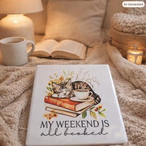 Op de afbeelding: Een rechthoekige witte keramische tegel met een grafische illustratie van een cyperse kat die op een stapel boeken naast een koffiekopje slaapt, omringd door gele bloemen. De tekst luidt "MY WEEKEND IS all booked" in zwarte letters.