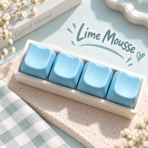 Può includere: Un set di quattro tasti per tastiera meccanica azzurri con una forma a orecchie di gatto sul bordo superiore, disposti in un vassoio rettangolare bianco. Il testo Lime Mousse è stampato in un carattere corsivo verde acqua scuro sopra.
