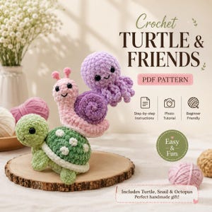 Patrón de tortuga, caracol y pulpo a crochet en formato PDF, tutorial de amigurumi oceánico apilable (descarga digital)
