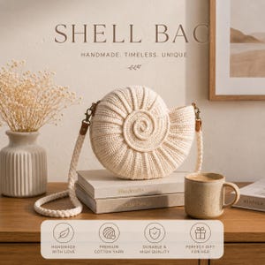 May include: A cream-coloured crocheted shell bag with a spiral design, featuring a matching braided shoulder strap attached with metal clasps. The bag is displayed on top of stacked books, with text reading SHELL BAG, HANDMADE, TIMELINES, UNIQUE.
