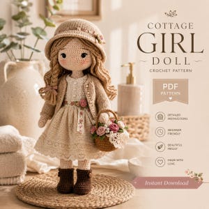 May include: A crocheted doll with long blonde hair, wearing a beige dress, jacket, and hat. The doll holds a basket of pink and white flowers. The text on the image reads "COTTAGE GIRL DOLL CROCHET PATTERN".