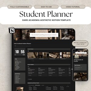 Notion Student Planner Dark Academia Student Notion Template University Planner Assignment Tracker Academic Planner Digital Student Planner