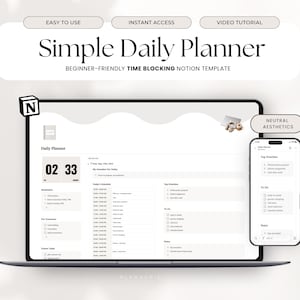Puede incluir: Un ordenador portátil y un smartphone muestran una interfaz de planificador digital. La pantalla del portátil muestra un horario diario con franjas horarias y listas de tareas. El smartphone muestra una interfaz similar con un enfoque en las principales prioridades y tareas. El texto dice "Simple Daily Planner".
