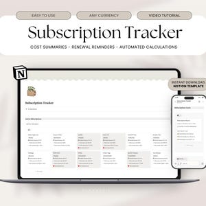 Puede incluir: Una plantilla de Notion para el seguimiento de suscripciones mostrada en la pantalla de un portátil y un teléfono inteligente. La interfaz incluye secciones para suscripciones activas, resúmenes de costes y recordatorios.