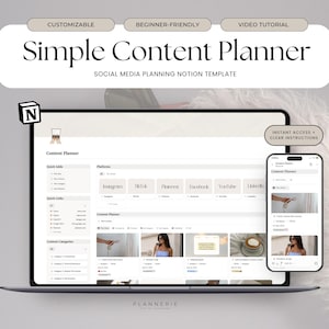 Op de afbeelding: Een digitale Notion-sjabloon genaamd Simple Content Planner voor social media beheer, weergegeven op een laptop- en smartphonescherm. De interface bevat secties voor platforms zoals Instagram, TikTok en Pinterest met georganiseerde categorieën.