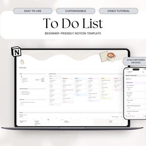 Op de afbeelding: Een laptop en smartphone met een "To Do List" sjabloon. Het laptopscherm toont een gedetailleerde takenlijst, terwijl de telefoon de informatie weerspiegelt. Tekst bevat "Gemakkelijk te gebruiken", "Aanpasbaar" en "Video Tutorial".
