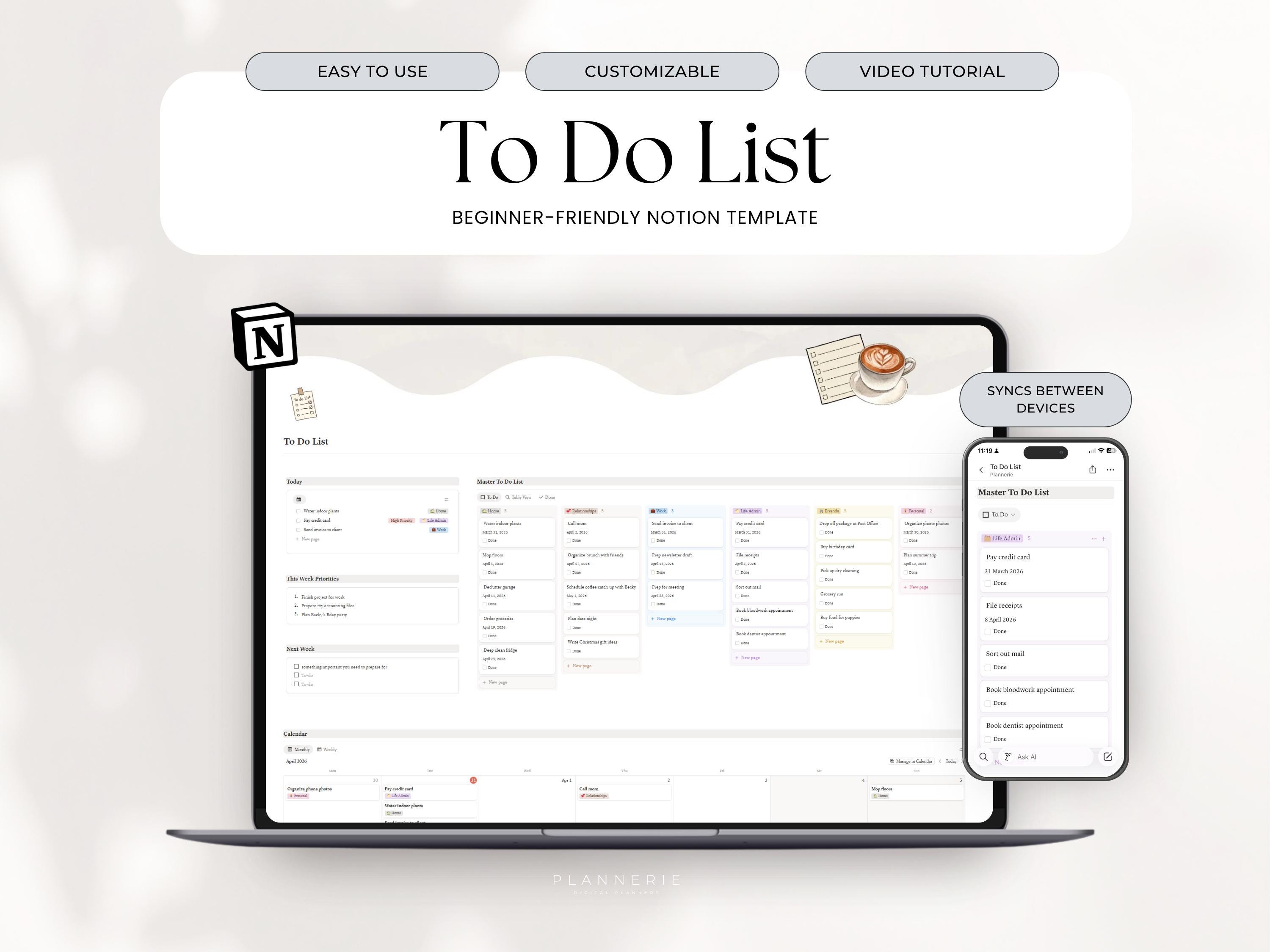 To Do List Notion Template, Weekly Task Tracker, Daily To Do List, Task Management Template, Task Calendar, Notion Productivity Planner