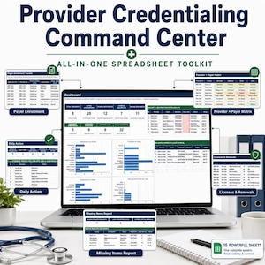 May include: A digital Provider Credentialing Command Center spreadsheet toolkit displayed on a laptop screen, featuring dashboards for payer enrollment, provider matrices, daily actions, license renewals, and missing items reports for medical administration.