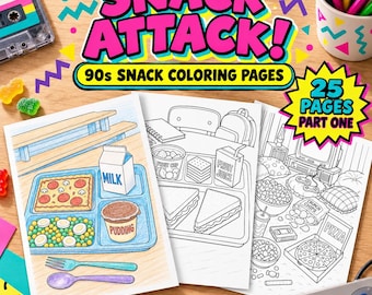 90s Snack Coloring Pages for Adults, Retro Nostalgia Printable, Part One (25 Designs)