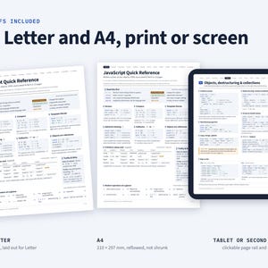 May include: A digital JavaScript Quick Reference guide presented in two PDF formats, US Letter and A4, alongside a tablet display. The documents feature technical code snippets, syntax explanations, and programming concepts organized in a clean layout.